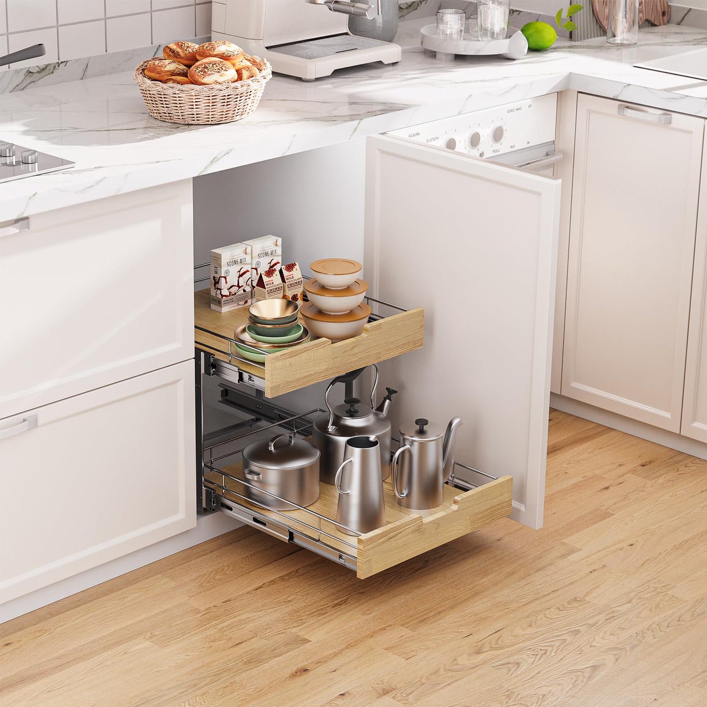 Sikarou Pull Out Cabinet Organizer,Heavy-Duty Slide Out Shelf, Wood and Wire Basket, Pull Out Drawer for for Kitchen Under Sink Space, Pantry, Bathroom, 2 Tie 14 * 21 in