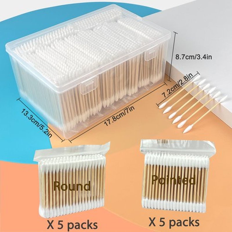Premium Pointed and Round Tip Cotton Swabs - 1000 Count with Bamboo Sticks - Hypoallergenic and Biodegradable - Ideal for Precision Cleaning, Makeup, and Personal Care