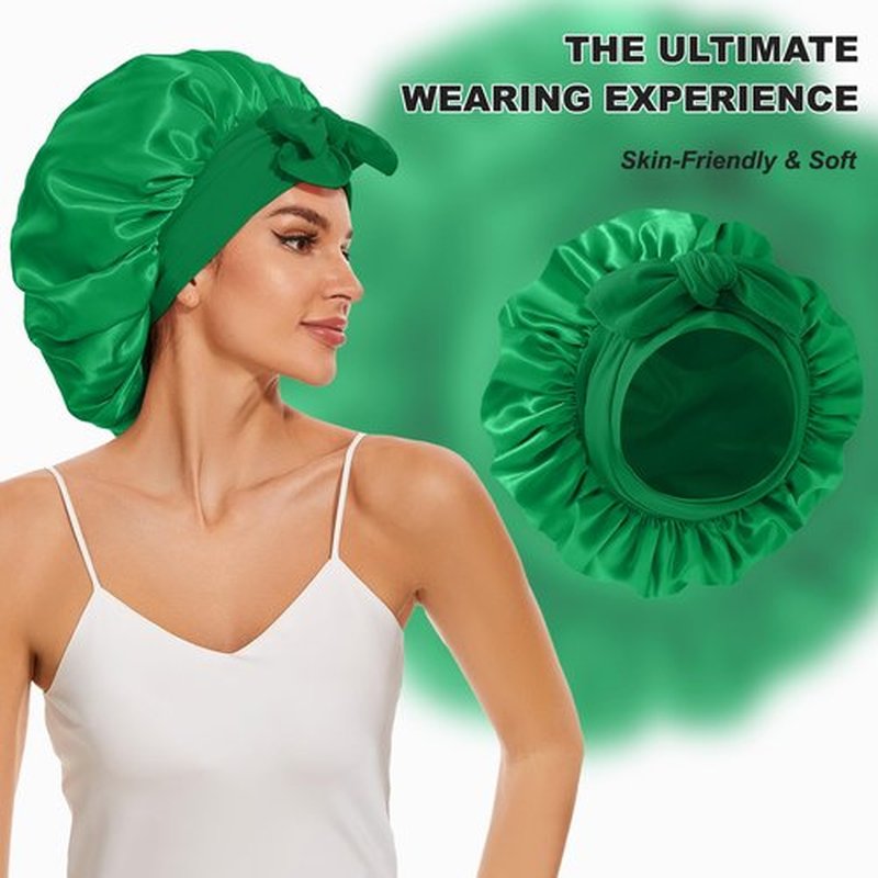 Large Satin Silk Hair Bonnet for Sleeping, Double Layer Satin Bonnets with Tie Band Hair Wrap for Women Men Shower Cap