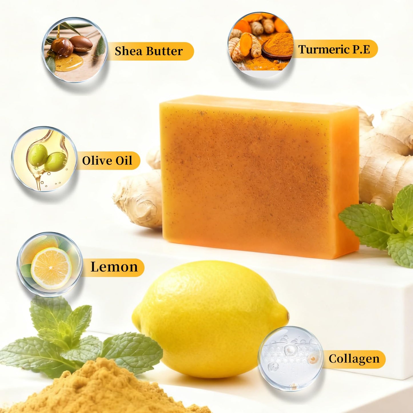 DOXOLATO Lemon Turmeric Soap Bars for Face Body - Improve Skin Texture Turmeric Soap Bar with African Net Sponge, 4 Bars