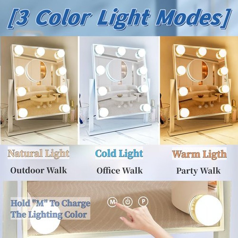 Acoolda Vanity Mirror with Lights, Hollywood Vanity Makeup Mirror with 9 Dimmable LED Bulbs, 3 Color Lighting Modes, Detachable 10X Magnification, 360°Rotation,White
