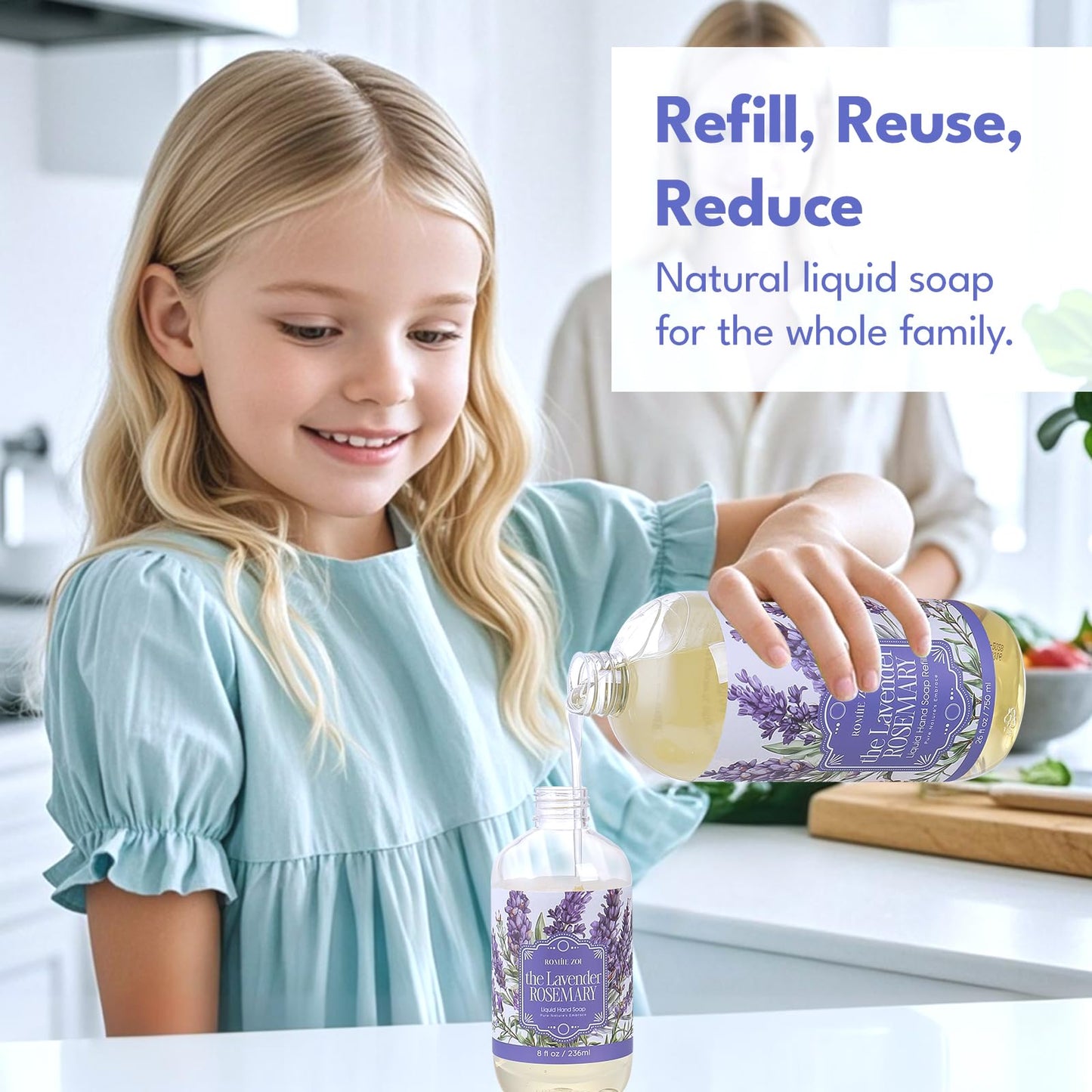 ROMIIE ZOI Liquid Hand Soap Gift Set, 750ml Refill+236ml Liquid Soap, Cruelty-Free, Moisturizing Formula with Essential Oils, For Sensitive Skin, Lavender Rosemary Scent, For Kitchen & Bathroom