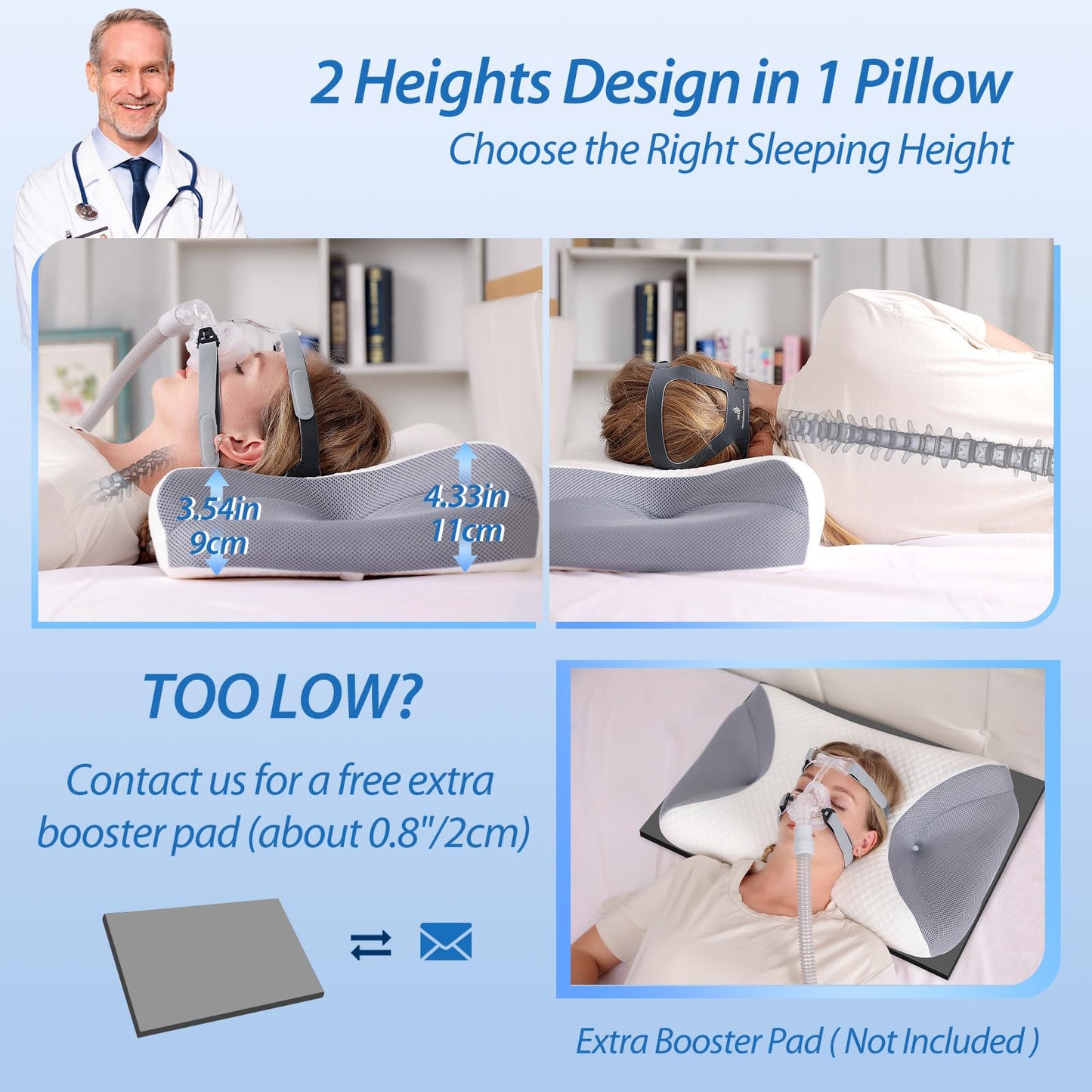 HOMCA CPAP Pillow for Side Sleeping, CPAP Nasal Pillows for All CPAP Masks Users to Reduce Air Leaks & Masks Pressure, Neck Support Pillows for Sleeping for Neck Pain Relief