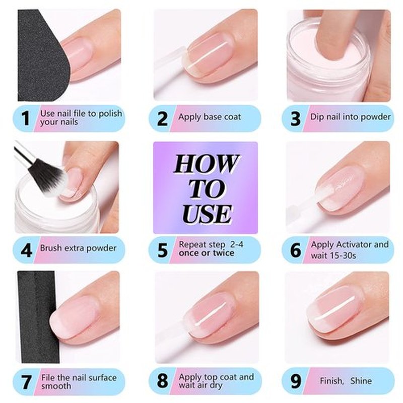 wakaniya Nail Dip Powder Kit 8 Colors Glitter Purple Galaxy Nails Powder Set with Liquids Base Top Coat Nail Remover Pads Dip Nails Starter Kit with Everything for Beginners