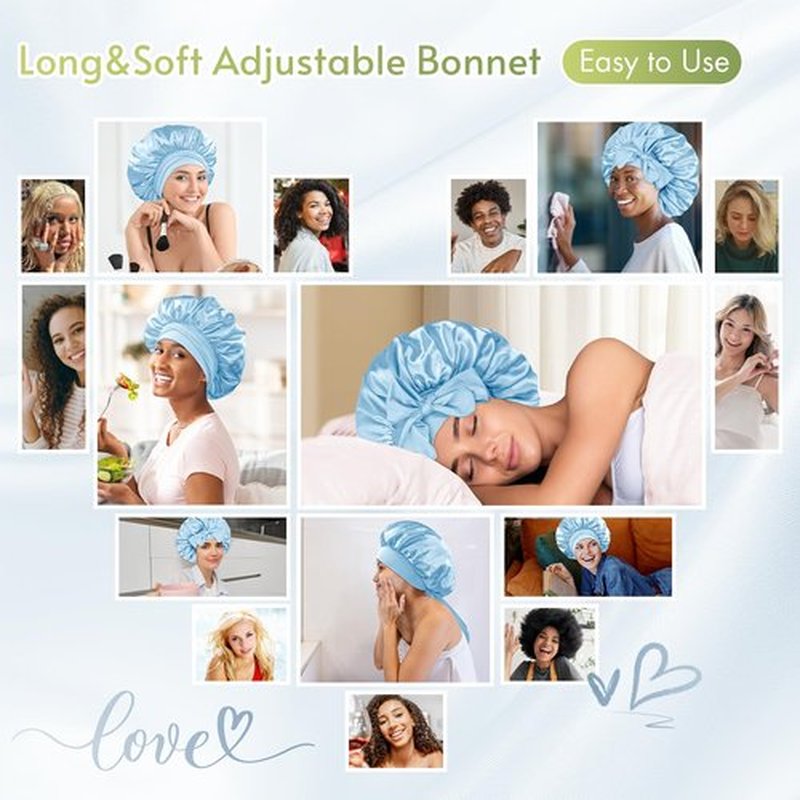 BONNET QUEEN Silk Bonnet for Sleeping Women Satin Bonnet Hair Bonnet Night Sleep Cap Scarf wrap for Curly Hair with tie Band Light Blue