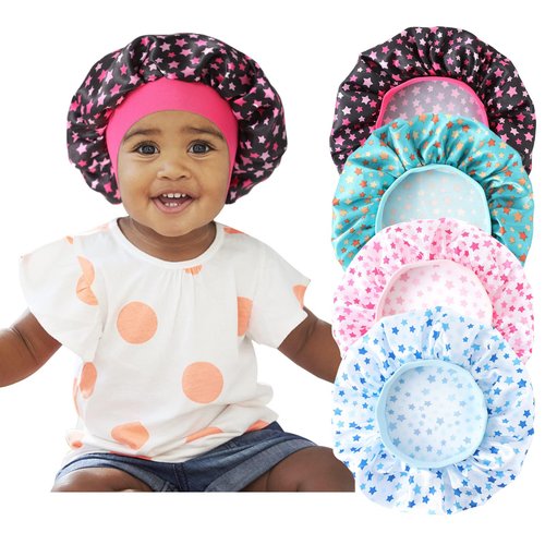 4 Pcs Silk Bonnet for Sleeping Kids Bonnets for Girls Baby Satin Sleep Cap Hair Wraps for Curly Natural Hair Elastic Wide Band, Star
