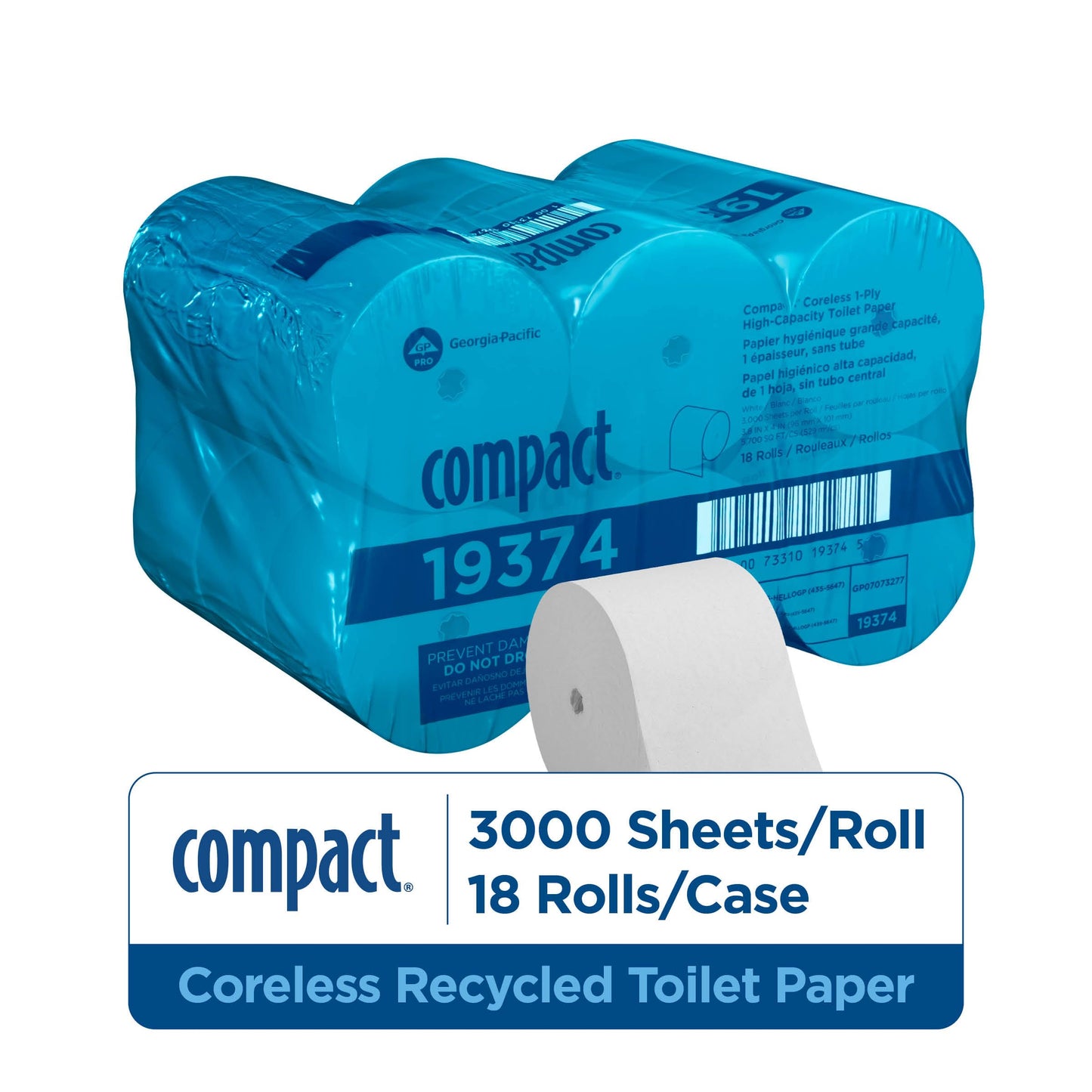 Compact Coreless 1-Ply Recycled Toilet Paper by GP PRO (Georgia-Pacific), 19374, 3,000 Sheets Per Roll, 18 Rolls Per Case