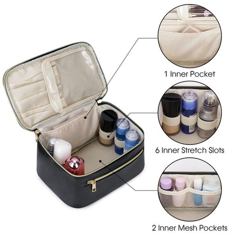 Wandering Nature Makeup Bag, Travel Make Up Organizer Cosmetic Brush Bags Case for Women in Vegan Leather, Black(Patent Pending)