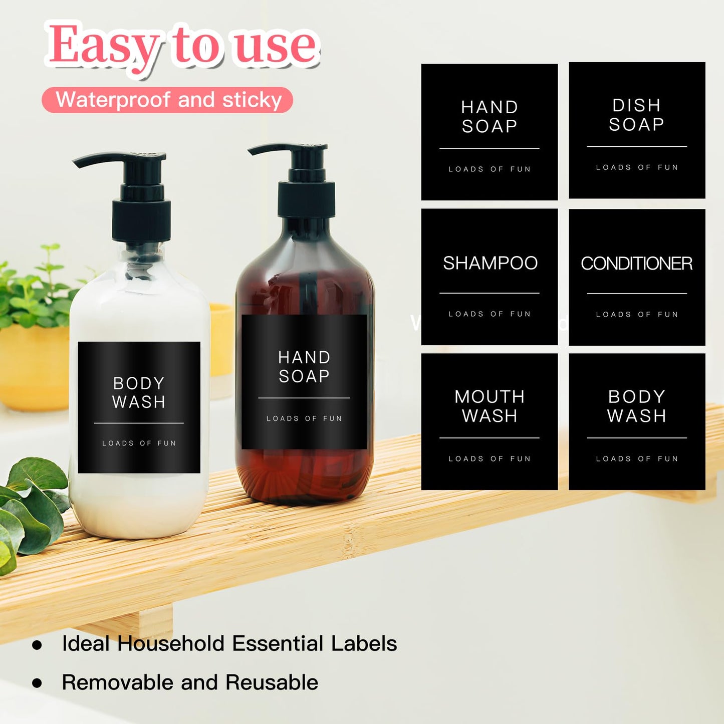 HVSWLY 24PCS Black Waterproof Soap Dispenser Labels, Modern, 2.6"x2.6", Bathroom Labels for Glass/Plastic Bottles, TCD-84
