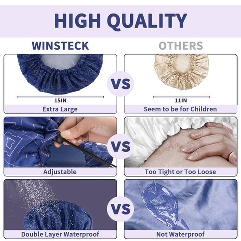 3 PCS Shower Caps for Women, Upgrade Comfortable & Extra Large & Double Layers Waterproof Bath Cap, Oversized Designed Adjustable Hem Hair Cap for All Hair Lengths/Style
