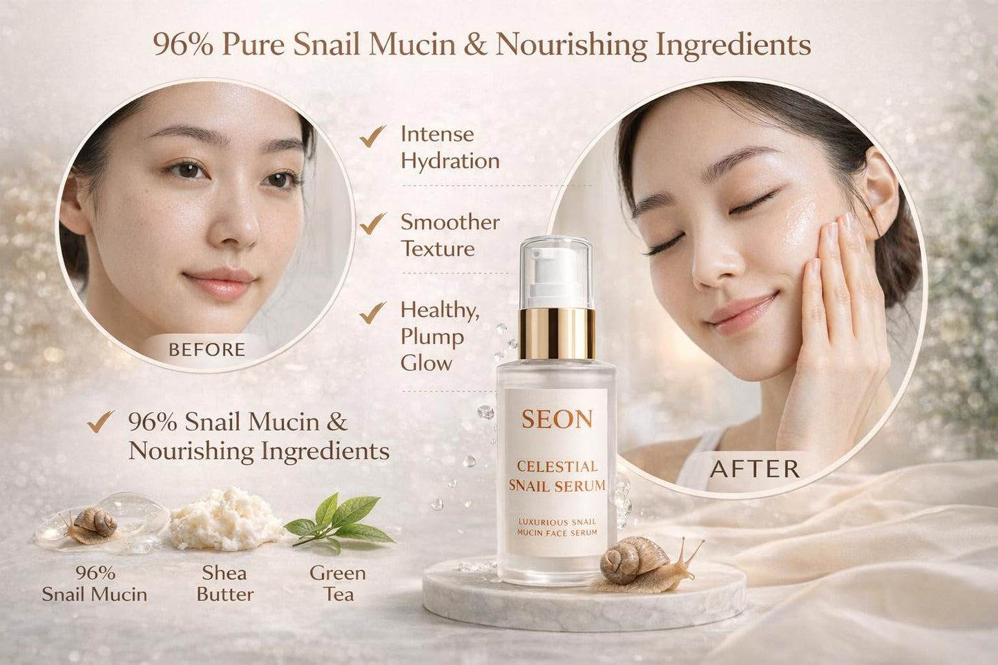 SEON Celestial Snail Serum, 96% Snail Mucin Face Serum, Korean Skincare Hydrating Essence for Skin Barrier Support