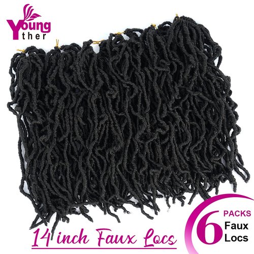 Youngther New Faux Locs Crochet Hair 14 Inch 6 Packs Fashion Extended Soft Locs for Black Women Most Natural Locs Crochet Braiding Hair Curly Wavy Pre-Looped Goddess Locs Braids Hair Extensions(1B)