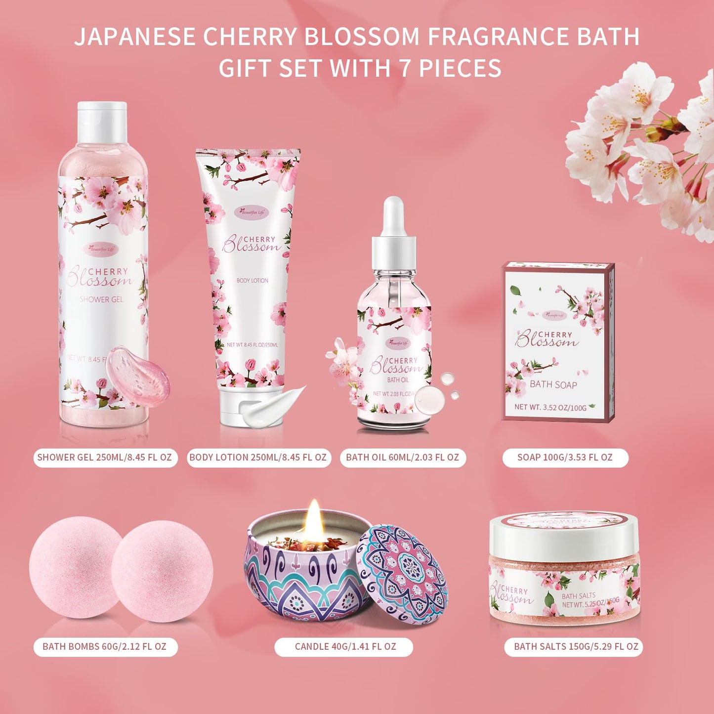 Beautifier Life Bath and Body Gift Set for Women - Luxurious Home Spa Gift Set,Japanese Cherry Blossom 7-Piece Set Including Shower Gel,Body Lotion,Bath Oil,Bath Salt,Soap,Bath Bombs and Candle