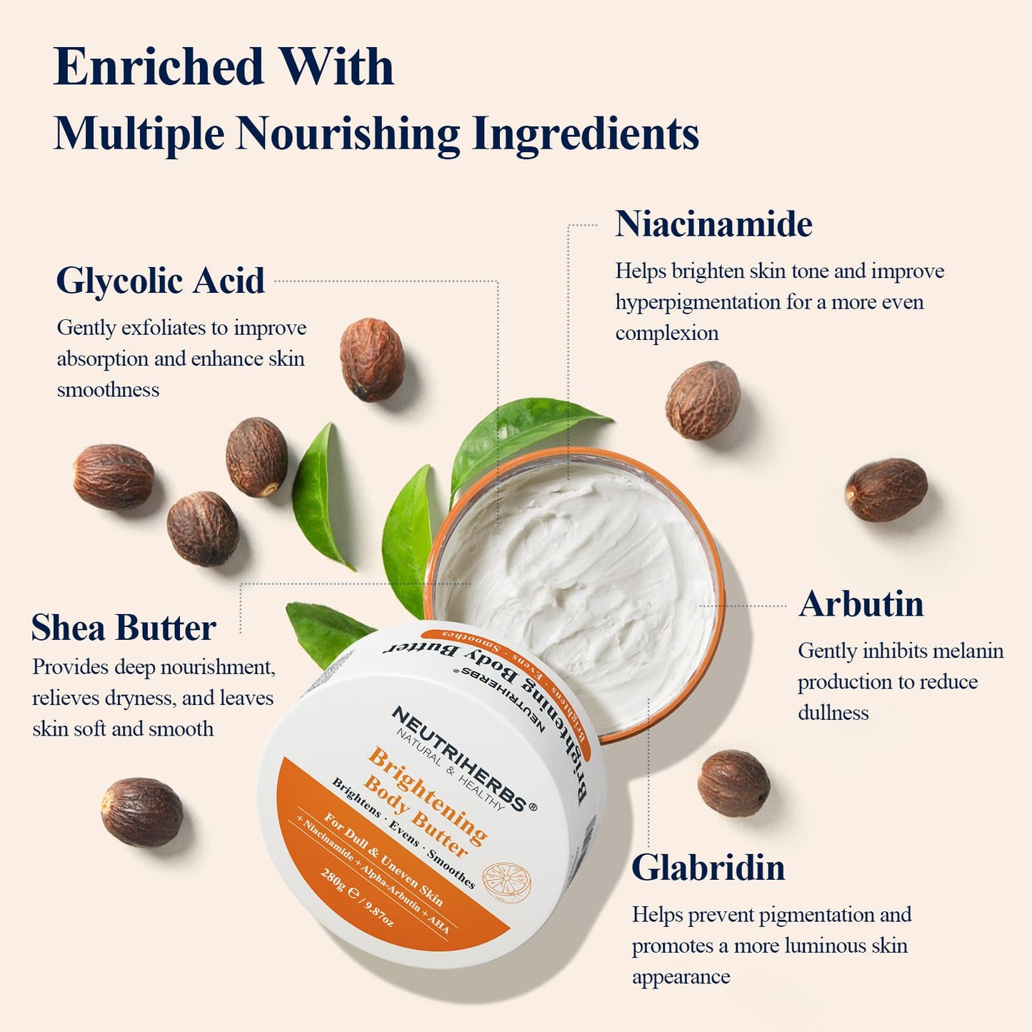 Neutriherbs Brightening Body Butter 280G – Moisturising Body and Radiant Dull Skin Body Cream for Dark Underarms, Knees & Elbows – Niacinamide, Arbutin & Shea Butter Dry Skin Moisturiser