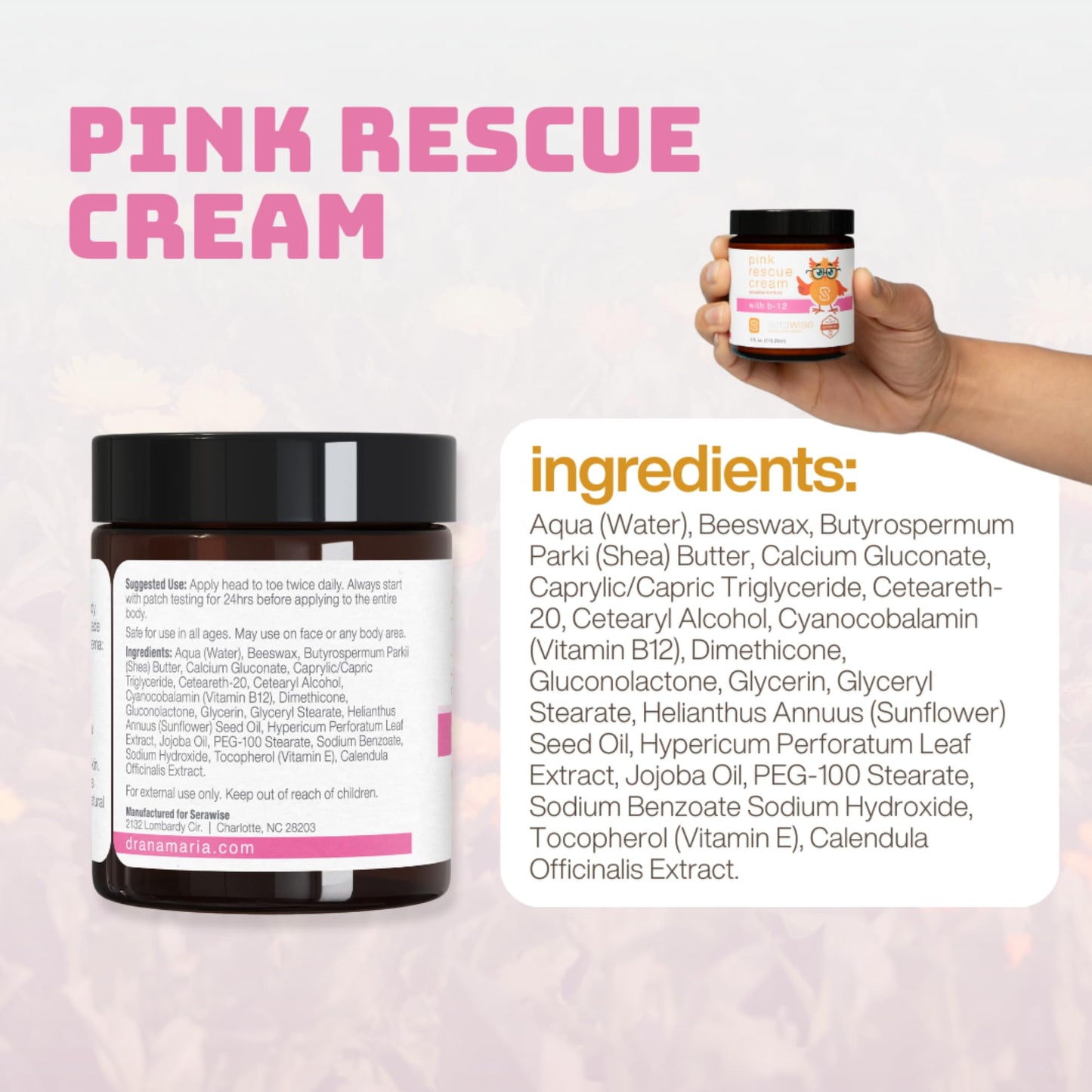 Serawise Pink Rescue Cream by Dr. Ana Maria Temple | Hydration for Sensitive Skin | Includes Calming Botanicals and B-12 | Relieves Redness, Dryness and Irritation | Fragrance Free | 4 Oz