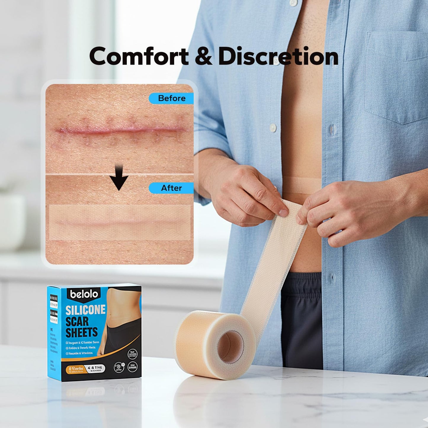 Belolo Silicone Scar Sheets (1.6" x 60" Roll - 1.5M), Silicone Scar Tape, Silicone Scar Sheets for Surgical Scars, Keloids & C-Section Scars, Reusable & Washable Scar Patches for Face & Body