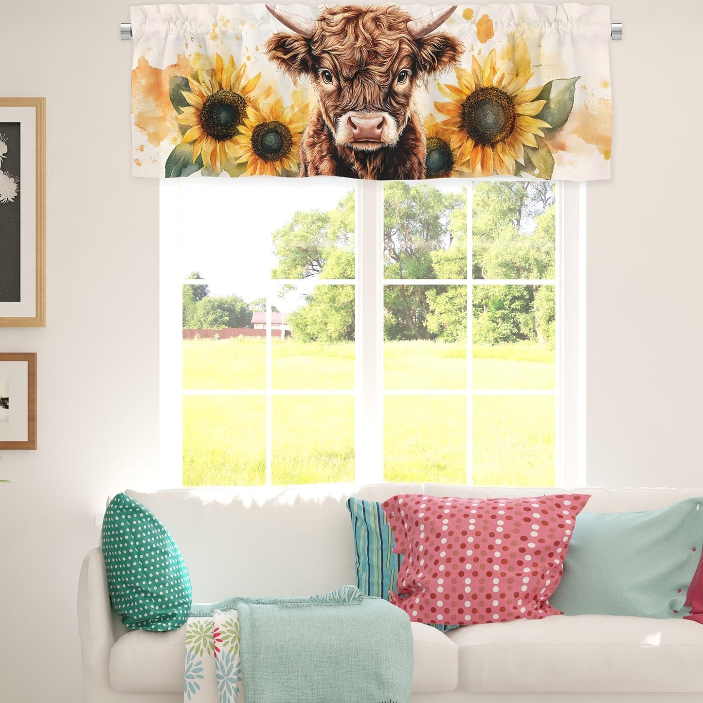 Pynnlts Watercolor Cow Sunflowers Curtains Highland Cow Window Valances Highland Yak Yellow Sunflower Kitchen Valances Farm Animal Rod Pocket Window Treatments for Living Room Bedroom 54x18 in 1 Pack