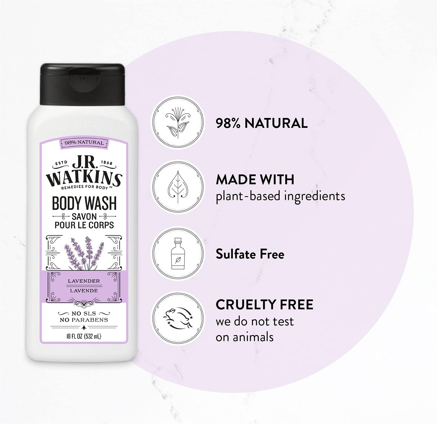 J.R. Watkins Natural Daily Moisturizing Body Wash, Hydrating Shower Gel for Men and Women, Free of SLS, Cruelty Free, Lavender, 18 fl oz, 6 Pack