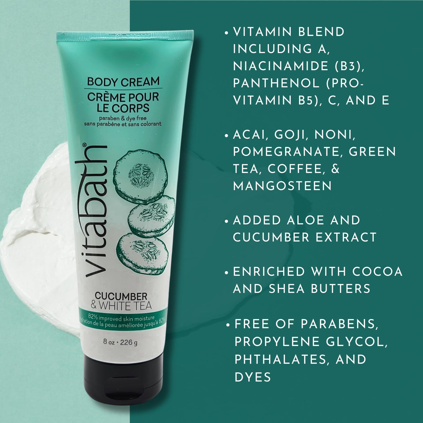 Vitabath Cucumber & White Tea Moisturizing Body Cream - Soothing Hydration Vitamin & Nutrient Skin Care - Replenishing All Over Dry Skin Lotion Moisturizer for Women & Men - 8 Ounce