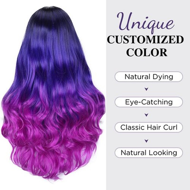 Fancy Hair Purple Long Curly Wavy Hair Wigs Heat Resistant 3 Tones Dark Roots Synthetic Daily Party Cosplay Wigs for Women 26" (1B to Blue Purple)