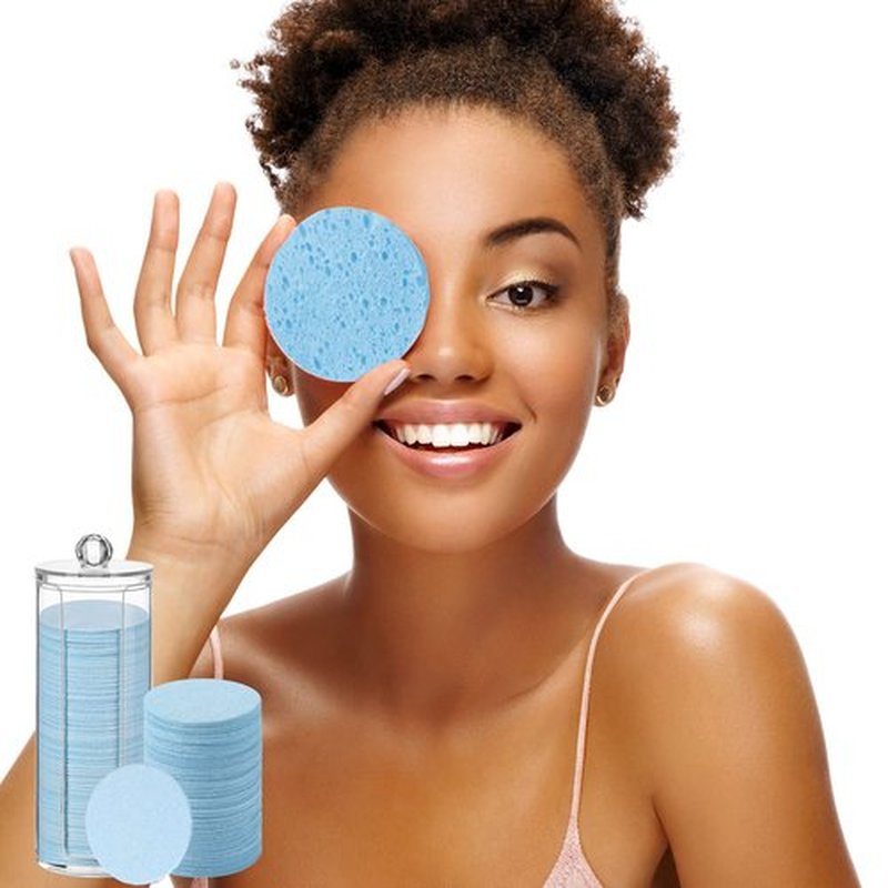 120 Pcs Compressed Facial Sponges Natural Face Exfoliator Disposable Face Sponges for Cleansing Round Soft Facial Scrubber Pads with Storage Container for Makeup Removal Travel (Light Blue)