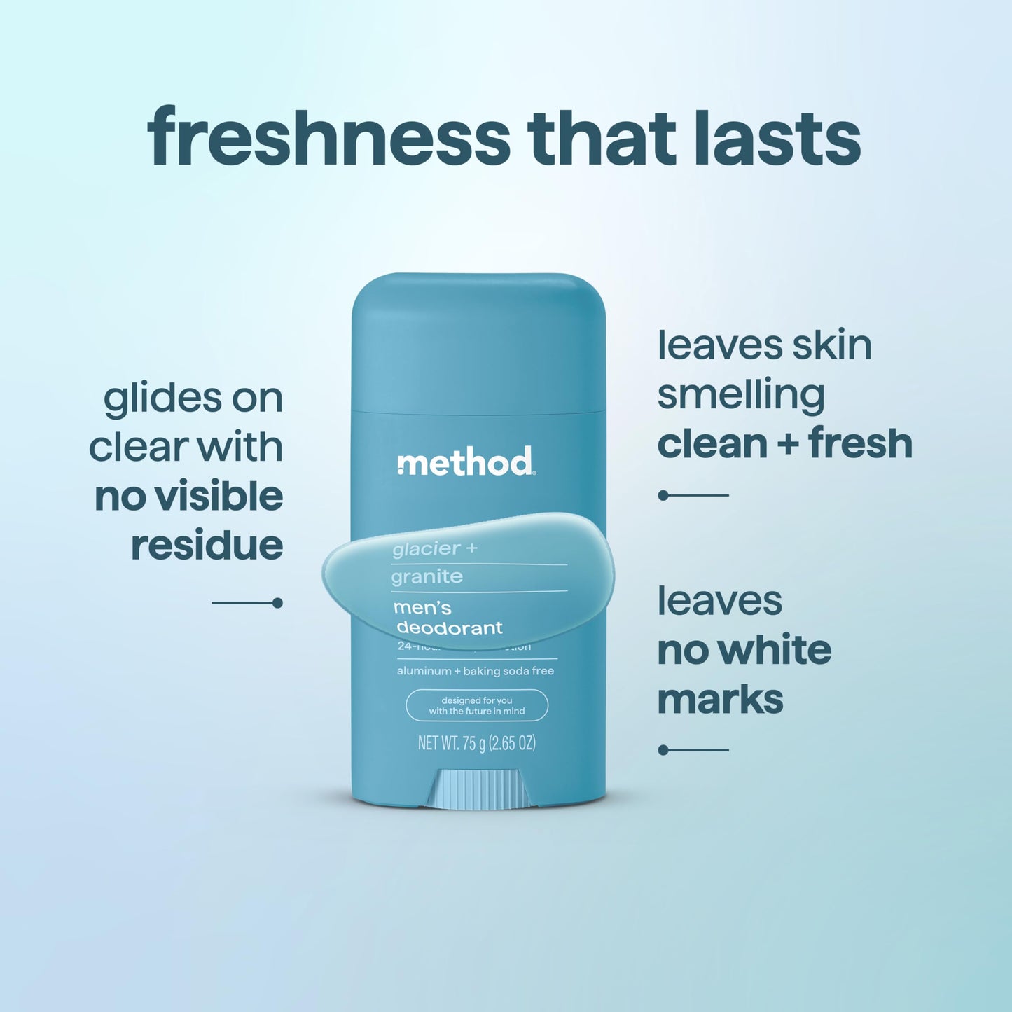 Method Men's Deodorant Stick, Glacier + Granite - 24-Hour Odor Protection, Aluminum & Baking Soda Free, for Sensitive Skin, Leaves No Residue, 2.65 oz