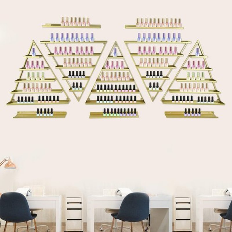 LEYSRIS Wall-Mounted Nail Polish Rack, Set of 10 Triangular Gold Nail Polish Shelf Lipstick Perfume Cosmetic Display Shelf for Home Spa Nail Salon Shop