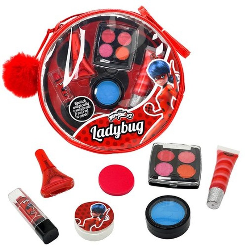 Miraculous Ladybug Kids Makeup Set - 10 Piece Bag with Nail Polish, Hair Chalk, Stickers & More, Curated Gift Sets - Safe, Non-Toxic Pretend Play Cosmetics Ladybug Themed Makeup Kit