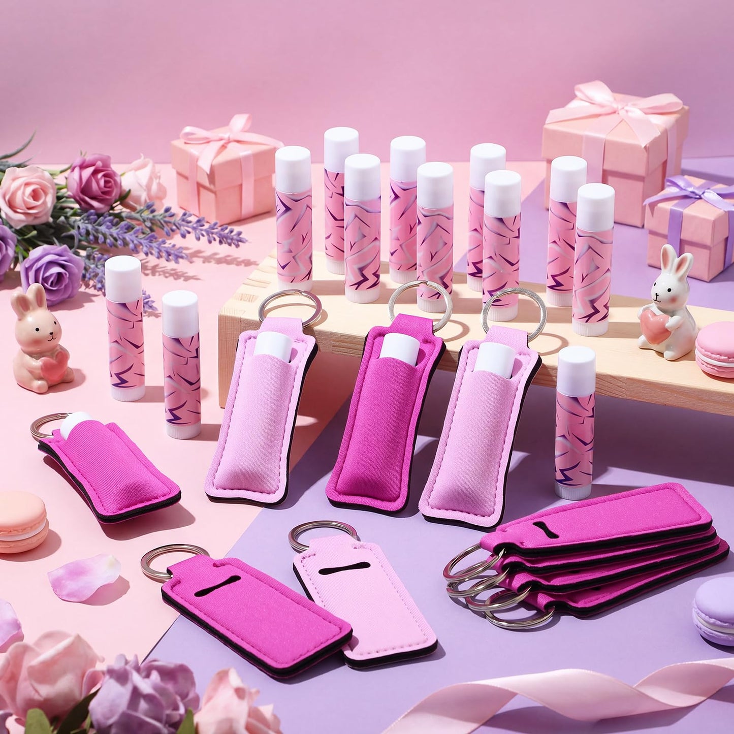 Sacubee 48 Pcs K Pop Themed Lip Balms Party Favors Bulk Neon Purple Girl Power Design Lipstick with Holder Keychains K Pop Theme Party Favor Goodie Perfect for Birthday Parties and Friend Gatherings