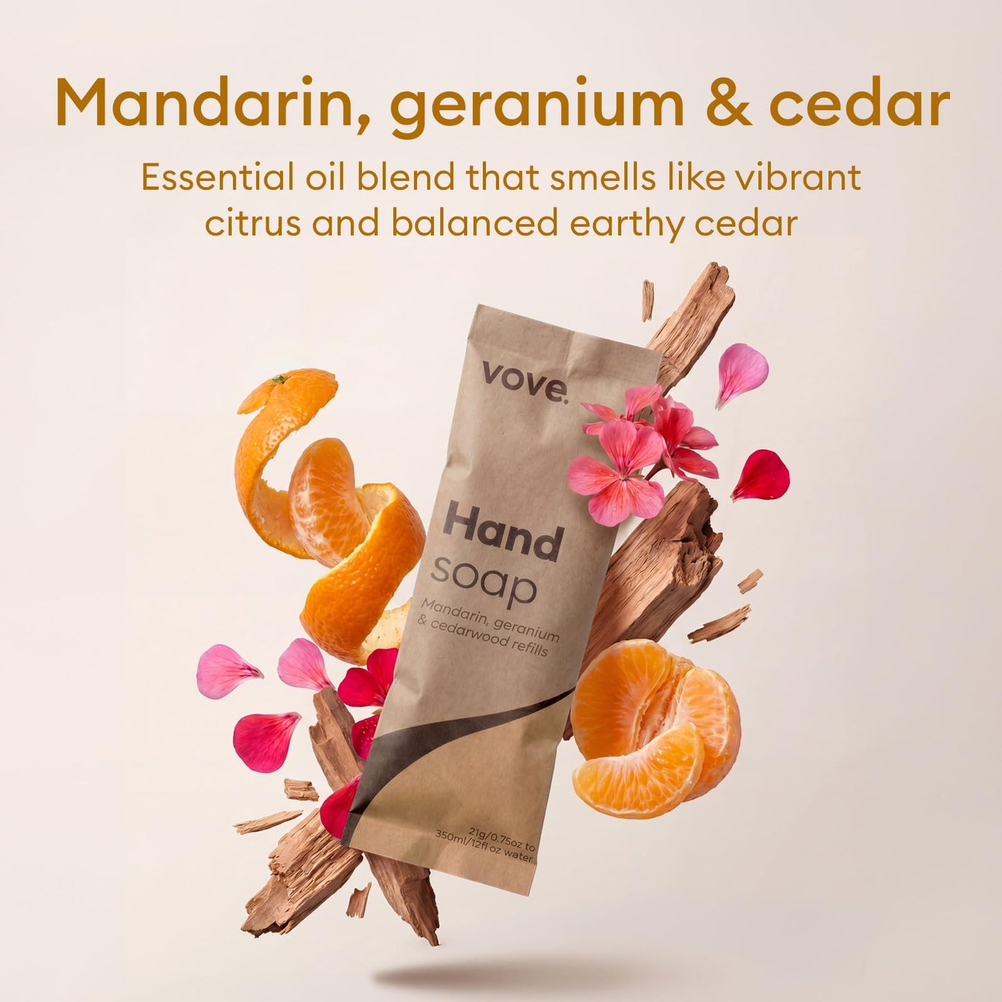 Vove Hand Soap Refills 3-Pack, Mandarin, Geranium & Cedarwood, Powder-to-Gel Hand Wash with Aloe Vera & Cactus Extract, Plant-Based Formula, Moisturizing Allantoin, Plastic-Free Compostable Packaging