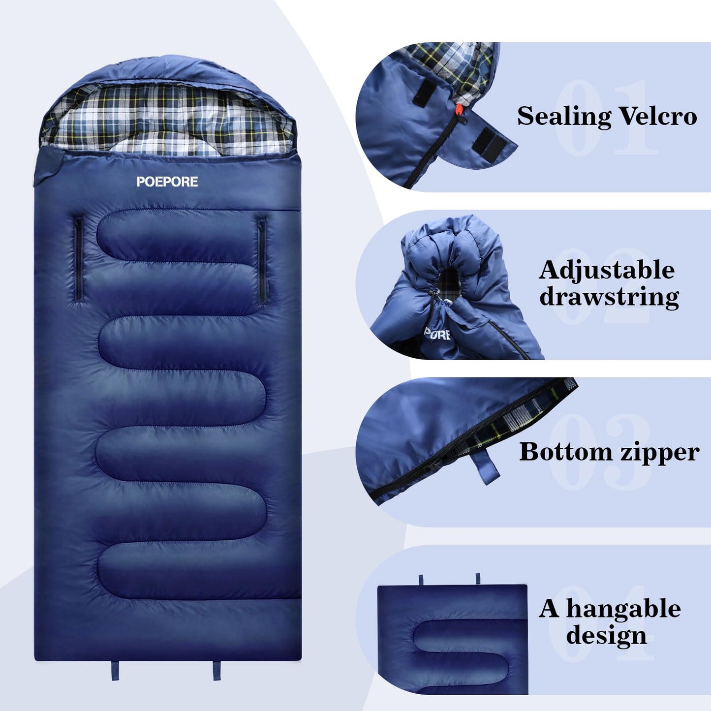 POEPORE Flannel Sleeping Bag Lightweight Warm Weather 3-4 Seasons for Adults XL Wearable Sleeping Bag Waterproof with Compression Sack Blue