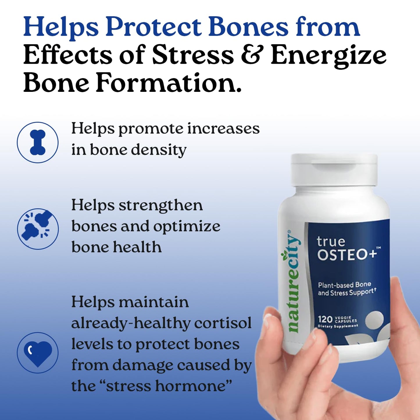 NatureCity True-Osteo Plus Bone Support with Ashwagandha – for Strength & Density – Plant-Based Calcium with Organic AlgaeCal, Magnesium, Vitamin D3, K2, Silicon & Stress Support | 120 Veggie Capsules
