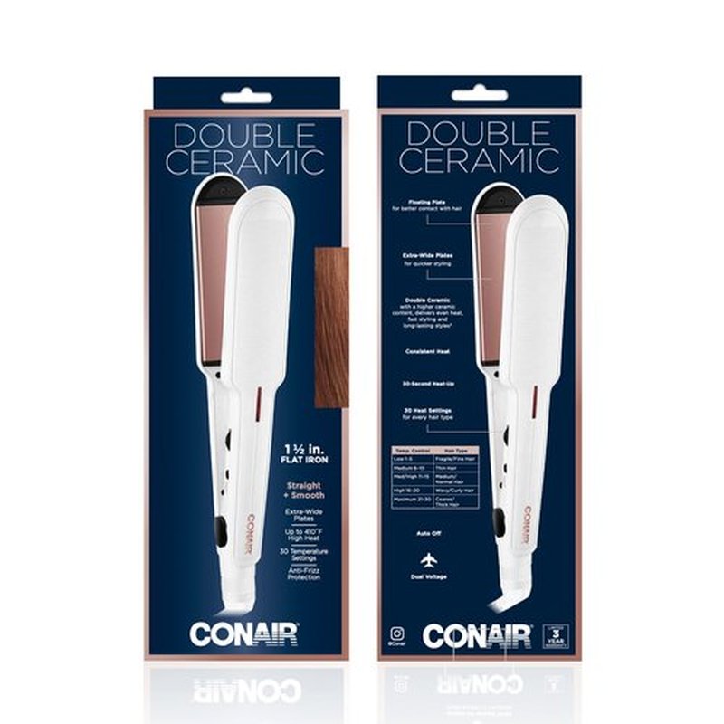 Conair Double Ceramic Flat Iron, 1 1/2-inch , White