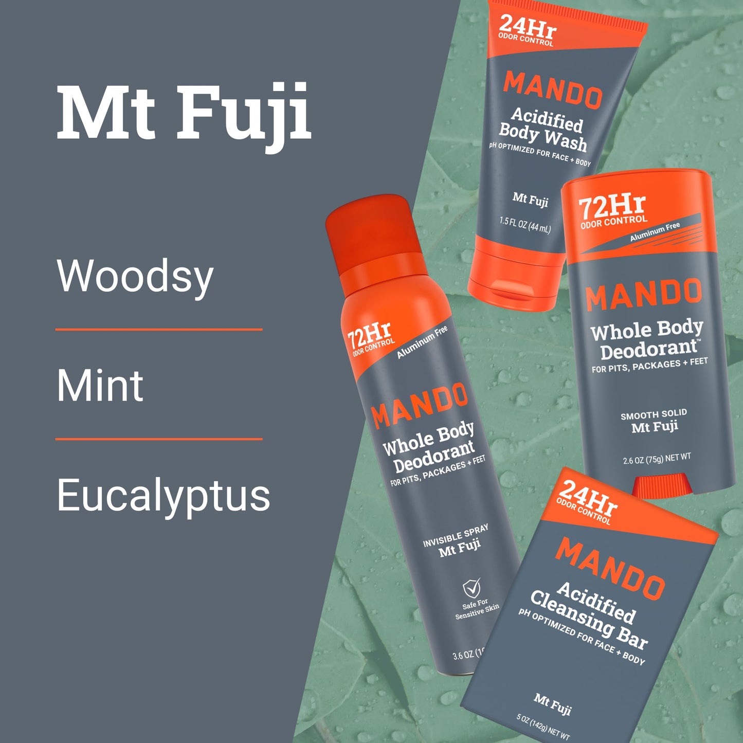 Mando Whole Body Starter Kit - 2.6 oz Solid Stick, 3.6 oz Spray, 1.5 oz Acidified Body Wash, 5 oz Acidified Cleansing Bar, 15 ct Deodorant Wipes - Aluminum Free Odor Control - 5 Piece Bundle (Mt Fuji)
