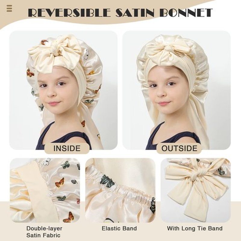 Kids Long Hair Bonnet for Sleeping - Double Layer Girls Elastic Satin Bonnet with Tie Band for Braid Curly Hair (Butterfly+Beige)
