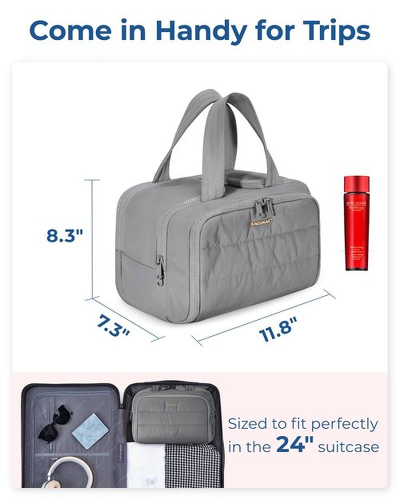 BAGSMART Travel Toiletry Bag, Lightweight Large Wide-open Travel Bag for Women, Puffy Cosmetic Makeup Bag Organizer with Handle for Accessories,Essentials, Toiletries, Grey