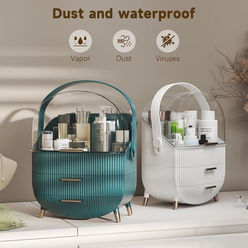 Makeup Storage Organizer with Lid, Waterproof Cosmetics Skincare Organizer for Vanity, Portable Makeup Storage Box for Countertop, Gifts, Women (White)