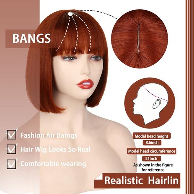 WERD Auburn Red Wig Bangs, Short Red Bob Wig for Women, Auburn Wig Bob with Bangs for Daily Party Cosplay
