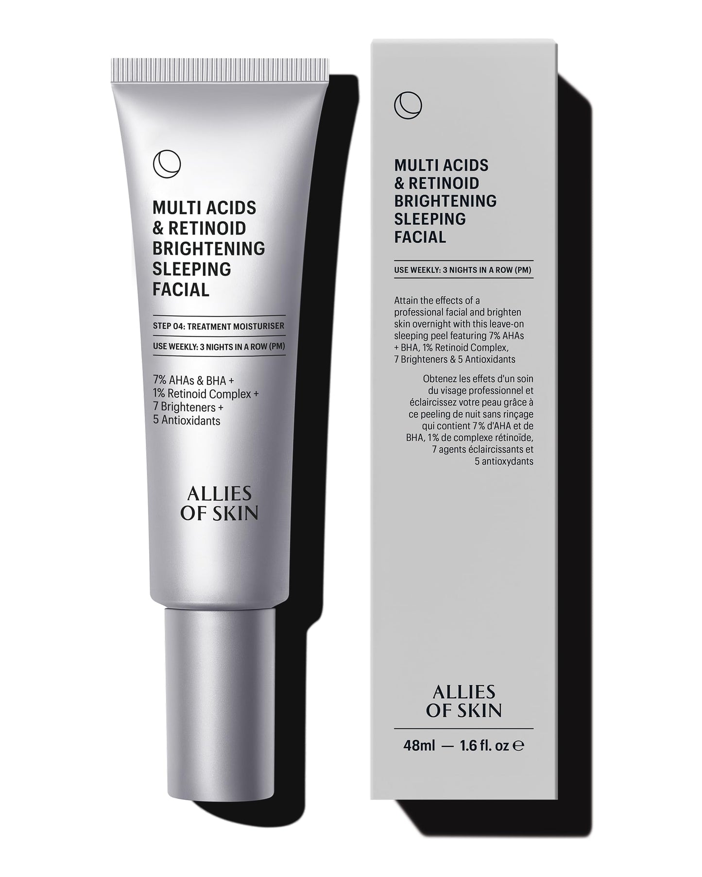 Allies of Skin Multi Acids & Retinoid Brightening Sleeping Facial: Glycolic + Lactic + Salicylic Acid, Hyaluronic Acid, Niacinamide, 1% Retinoid Complex. Overnight Sleeping Peel. 1.7 oz / 50 ml