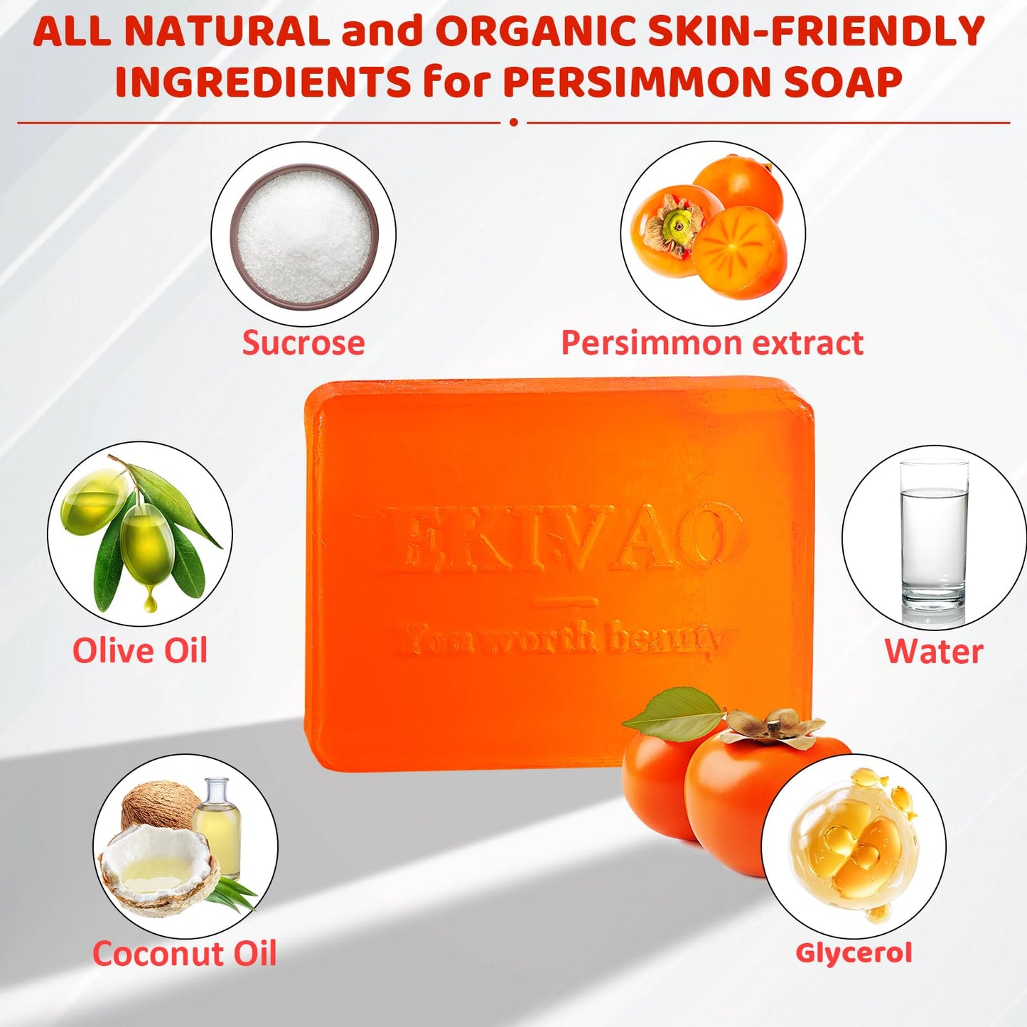 EKIVAO 6 PCS Persimmon Soap Bar for for Old People Smell, Natural Deodorant Body Bar Soap for Odor Control, Remove Strong Smell, Eliminating Odor Wash Soap for Women & Men