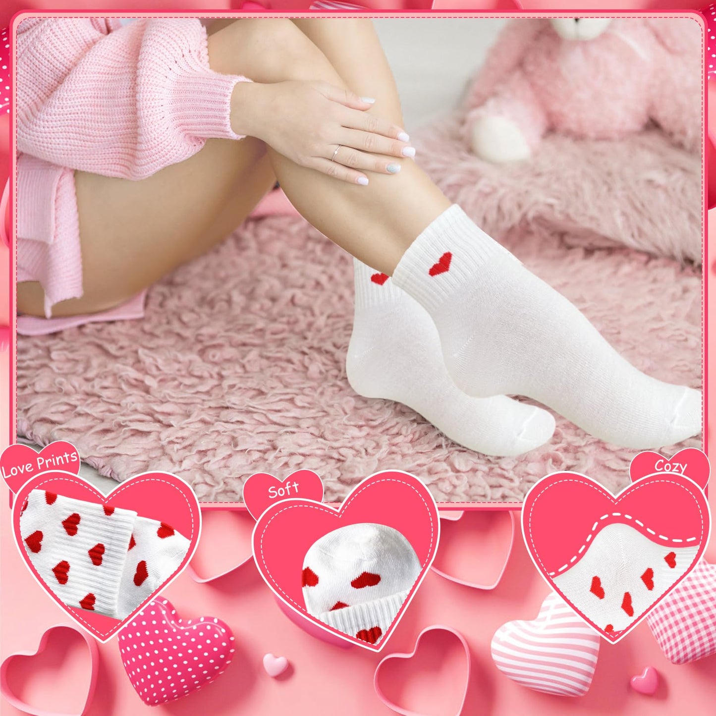 Xanllaxa 10 Pairs Cute Heart White Red Socks,2 Styles Ankle Socks for Women,Frilly Fun Heart Pattern Crew Socks,Novelty Aesthetic Sock for Girls,Valentine's Day,Gifts,Party