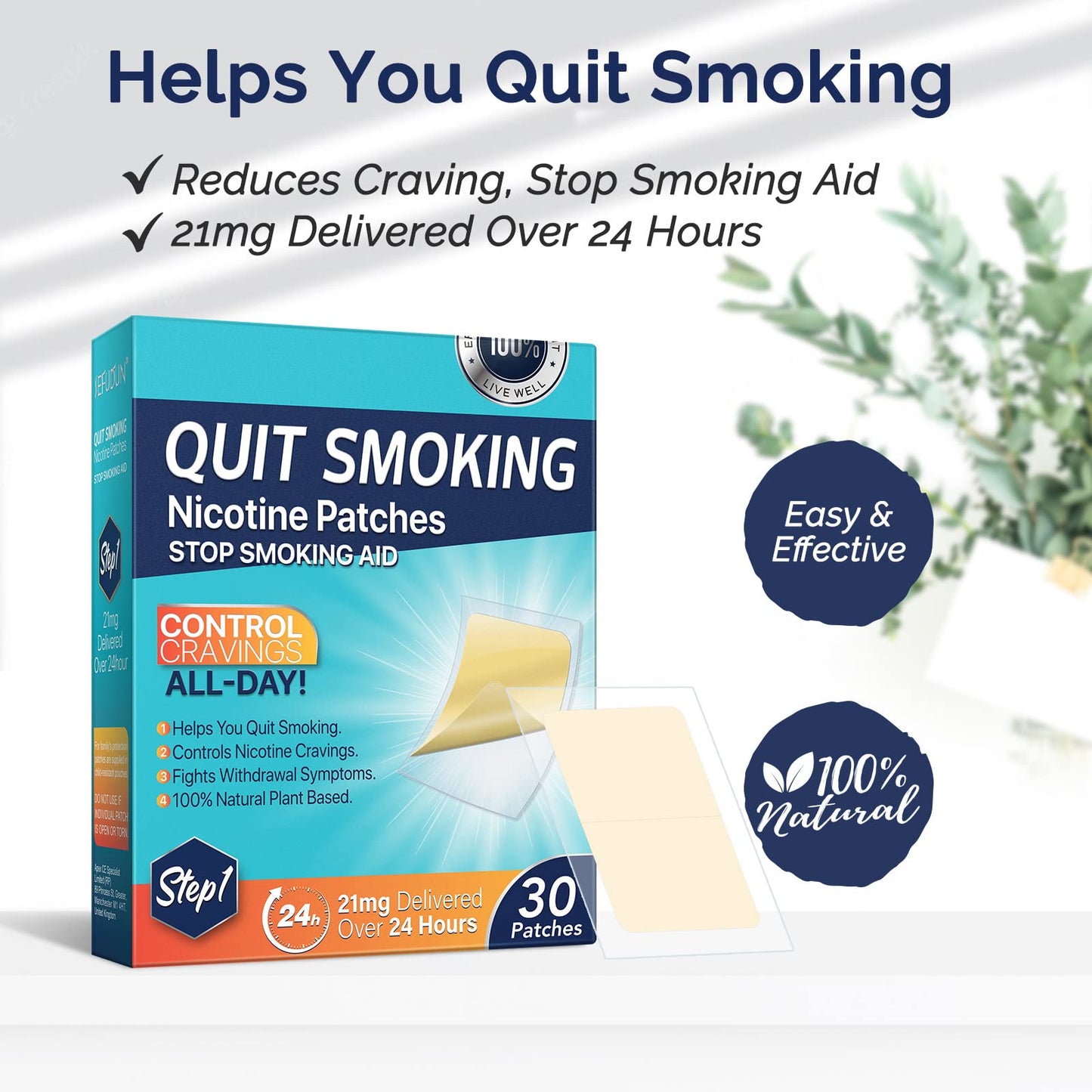 Nicotine Patches - 30 Count Gradual Reduction System, Transdermal Quit Smoking Aid with Natural Botanicals, Stop Smoking Patches That Work | Parches de Nicotina (Step 1-21mg)