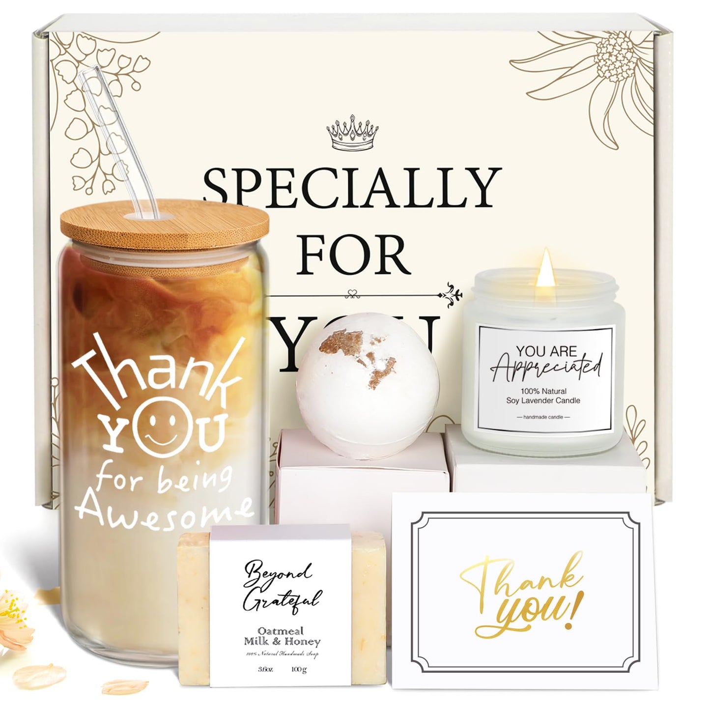 iAOVUEBY Thank You Gifts for Women, Employee & Teacher Appreciation Gift Set for Coworker Boss Mentor Secretary, Thank You Gift Box with Being Awesome Glass Candle Card