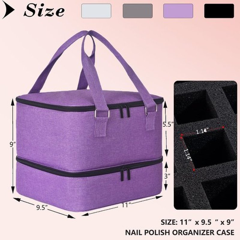 FCQQYWZ Nail Polish Organizer Case - Holds 42+ Bottles (15ml/0.5 fl.oz) and 1 Nail Lamp, Upgraded Double-layer Nail Polish Carrying Case Nail Polish Storage Bag with Handles (Purple)