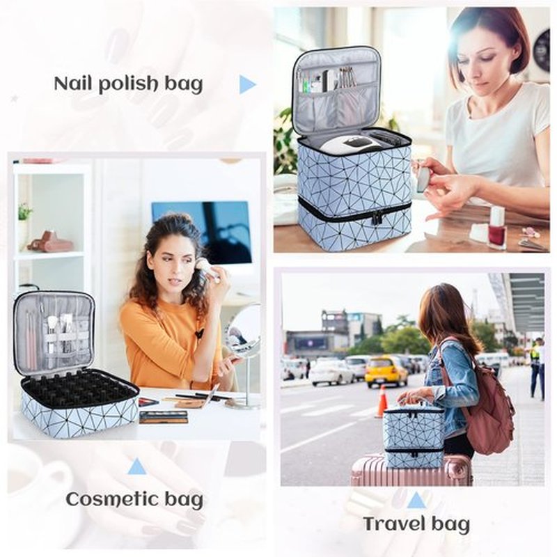Nail Polish Organizer Case,Fingernail Polish Travel Organizer with Handle, Holds 30 Bottles,1 Led Nail Lamp & Nail Art Supplies,Double Layer Nail Polish Carrying Case with Detachable Interior(Blue)