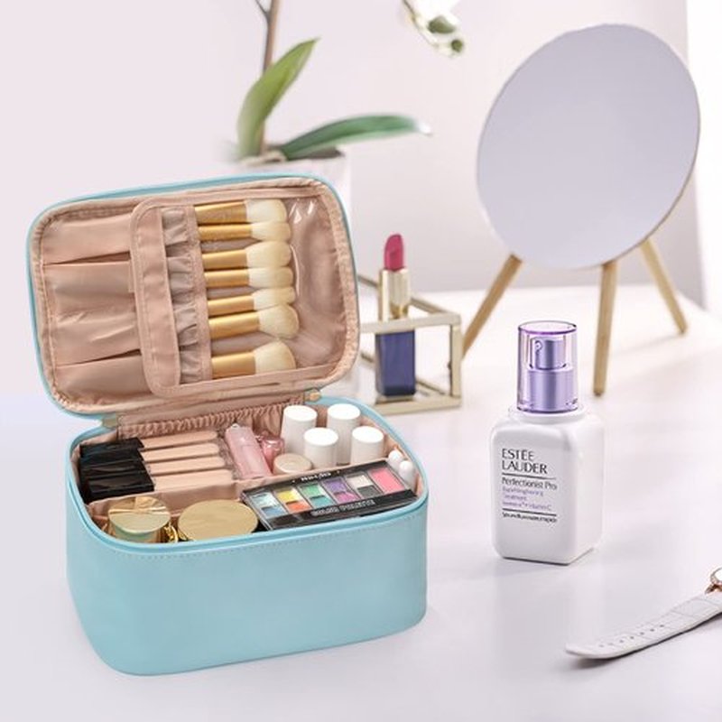 OCHEAL Makeup Bag, Portable Cosmetic Bag, Large Capacity Travel Makeup Case Organizer, Black Makeup Bags For Women Toiletry Bag for Girls Traveling With Handle and Divider-Lake Blue