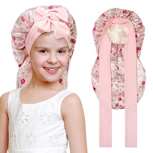 Kids Long Hair Bonnet for Sleeping - Double Layer Girls Elastic Satin Bonnet with Tie Band for Braid Curly Hair (Pink Flower+Beige)