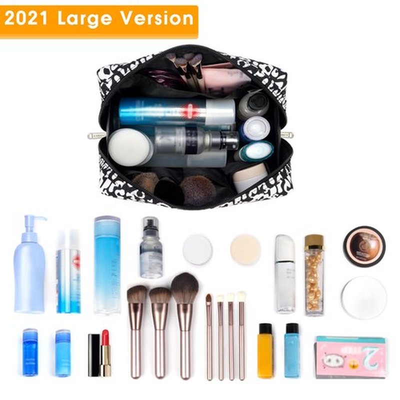 Large Makeup Bag Zipper Pouch Travel Cosmetic Organizer for Women (Large, Black Leopard)