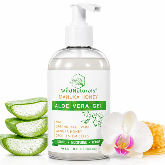 Wild Naturals 100% Pure Aloe Vera Gel with Manuka Honey – Organic Gel for Sunburn Relief, Acne, Scars & Dry Scalp – Moisturizing Gel for Face, Hair & Body