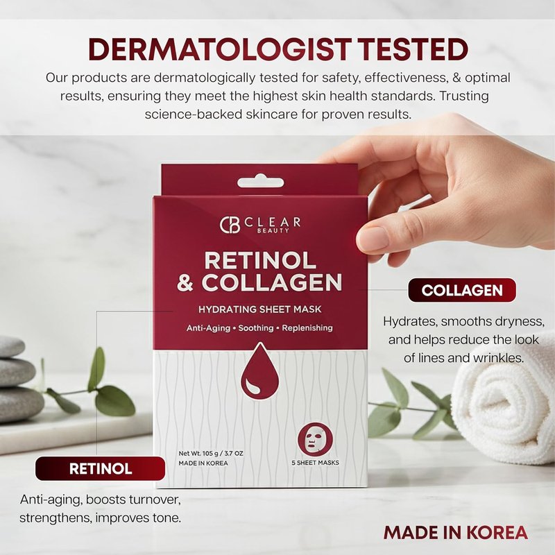 Retinol & Collagen Face Mask | Firming Hydration for Youthful Skin - 5 Vegan Korean Sheet Masks